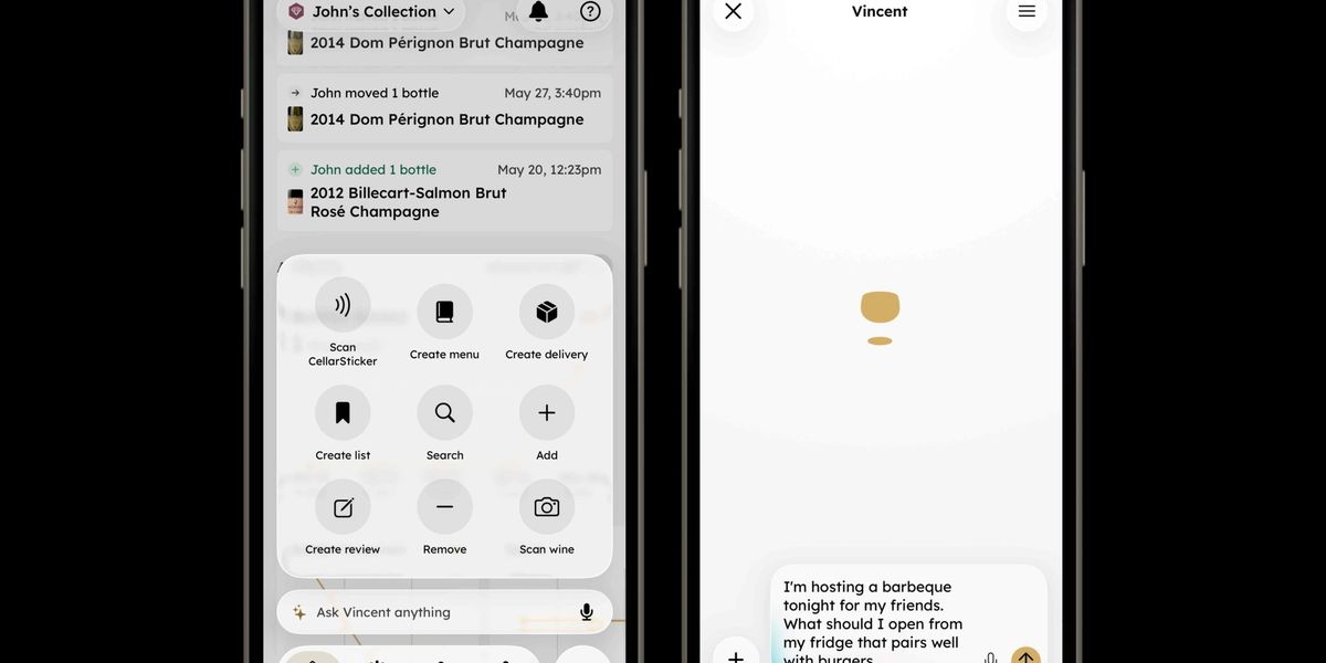 Two iPhone screens showing the InVintory Quick Action menu and a Vincent chat asking for wine pairings for a barbecue.