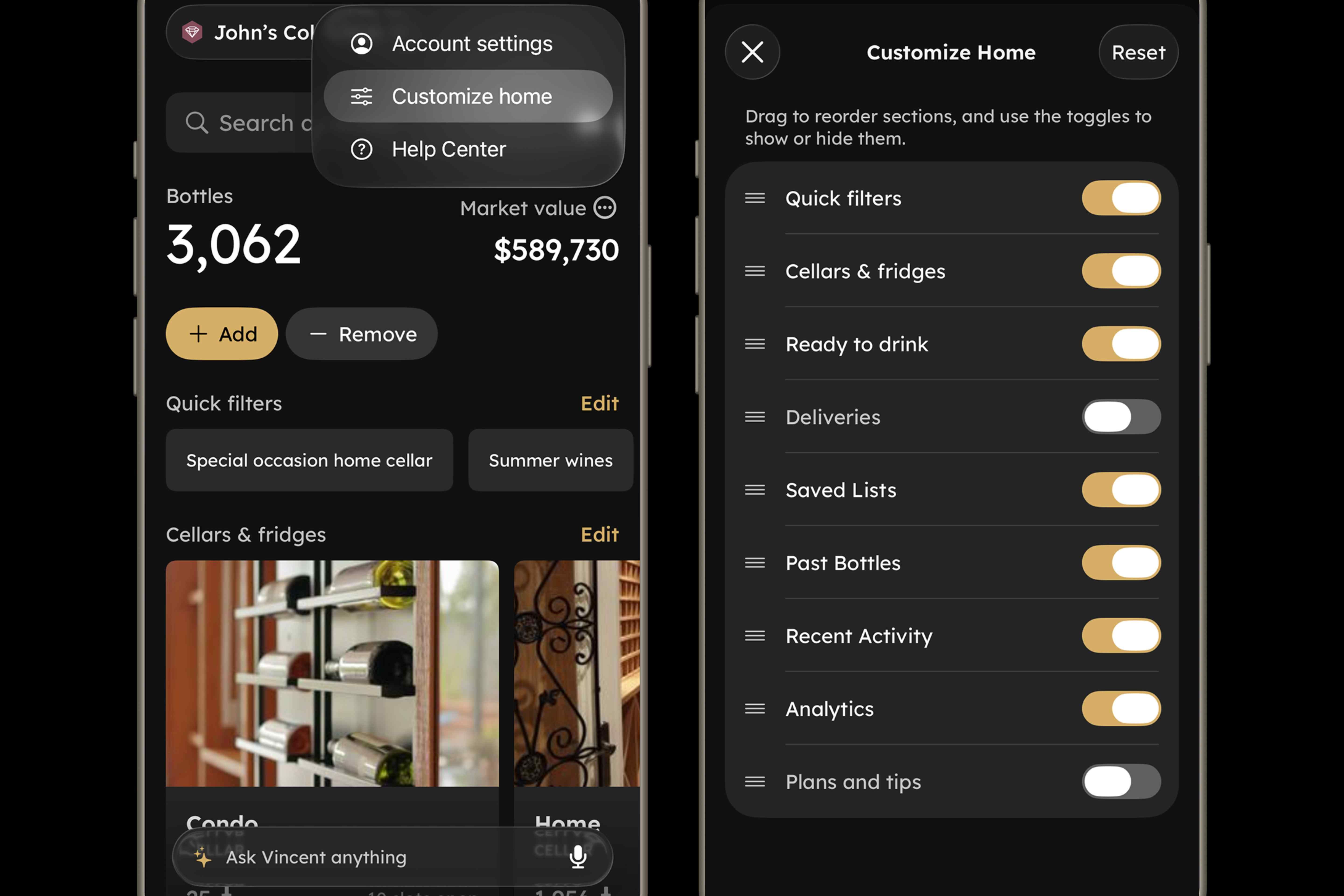 InVintory app home screen showing bottle count, market value, quick filters, and cellar cards next to the Customize Home settings menu.
