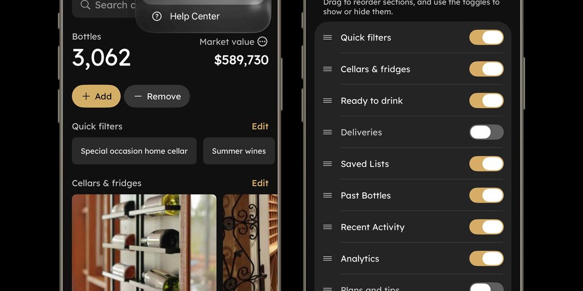 InVintory app home screen showing bottle count, market value, quick filters, and cellar cards next to the Customize Home settings menu.