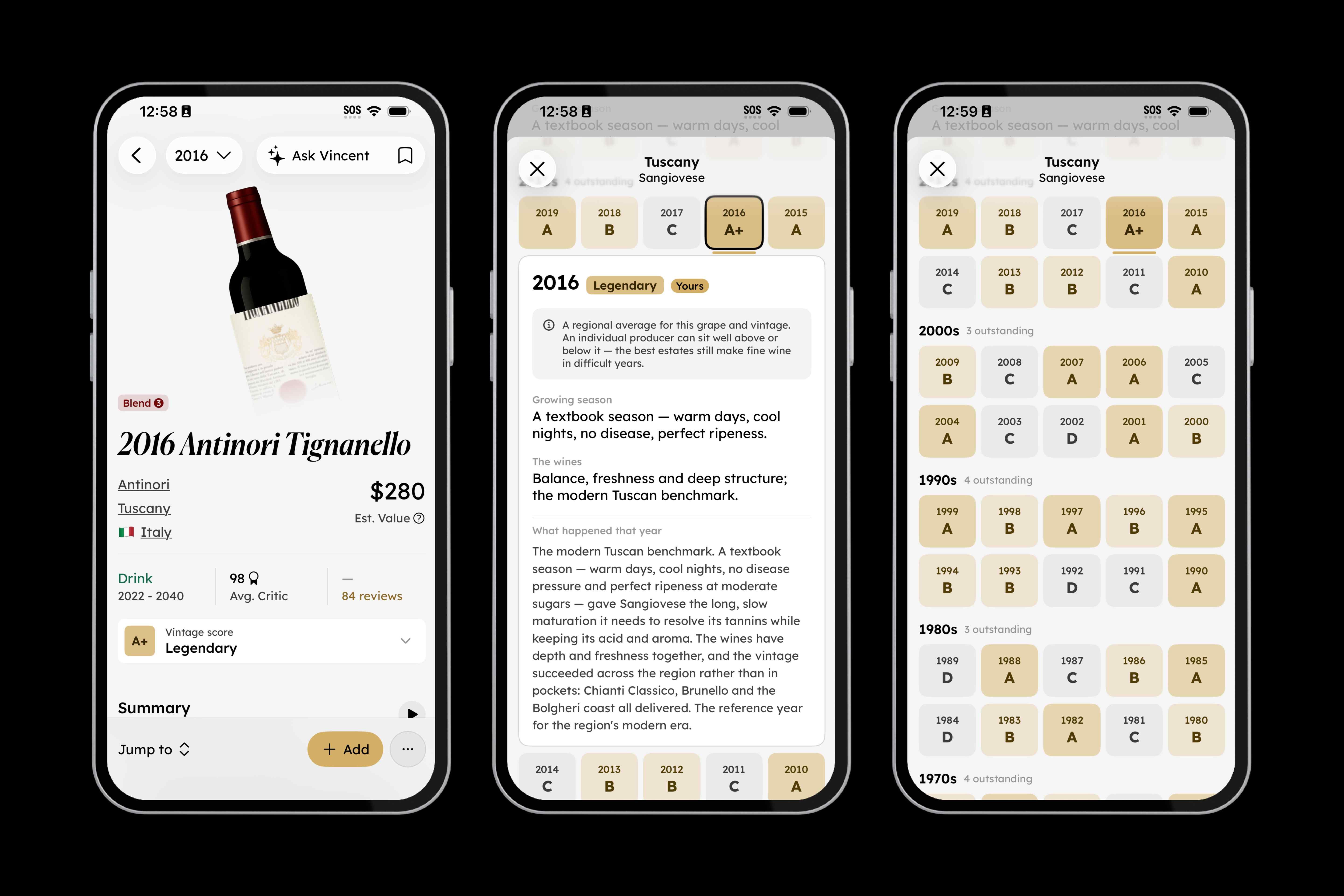 Three iPhone screens showing a wine's Vintage Score, a Tuscany Sangiovese vintage grid with letter grades, and a decade-by-decade vintage history.