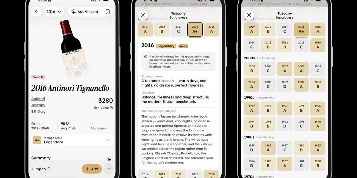 Three iPhone screens showing a wine's Vintage Score, a Tuscany Sangiovese vintage grid with letter grades, and a decade-by-decade vintage history.