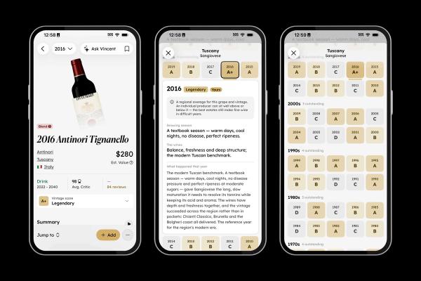 Three iPhone screens showing a wine's Vintage Score, a Tuscany Sangiovese vintage grid with letter grades, and a decade-by-decade vintage history.
