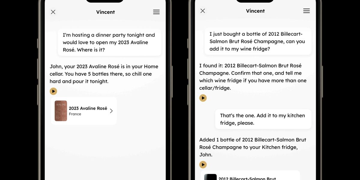 Two iPhone screens showing a chat with Vincent, who locates a bottle in a cellar and adds a new bottle to a wine fridge.