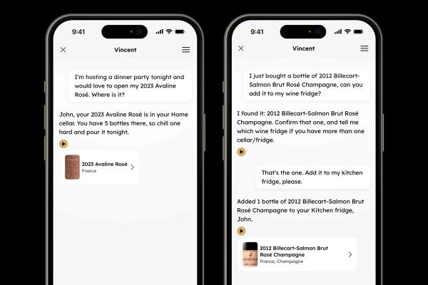 Two iPhone screens showing a chat with Vincent, who locates a bottle in a cellar and adds a new bottle to a wine fridge.