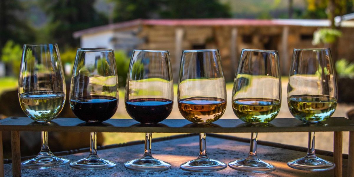 Six wine glasses of varying colors, from white to red, lined up outdoors in evening light.