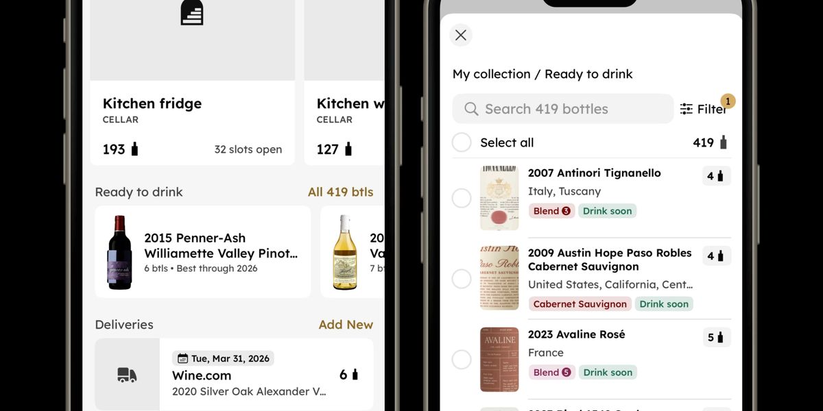 InVintory home screen showing a Ready to Drink section with bottles in their drinking window, and a full Ready to Drink list of bottles with Drink Soon tags.