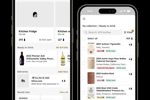 InVintory home screen showing a Ready to Drink section with bottles in their drinking window, and a full Ready to Drink list of bottles with Drink Soon tags.