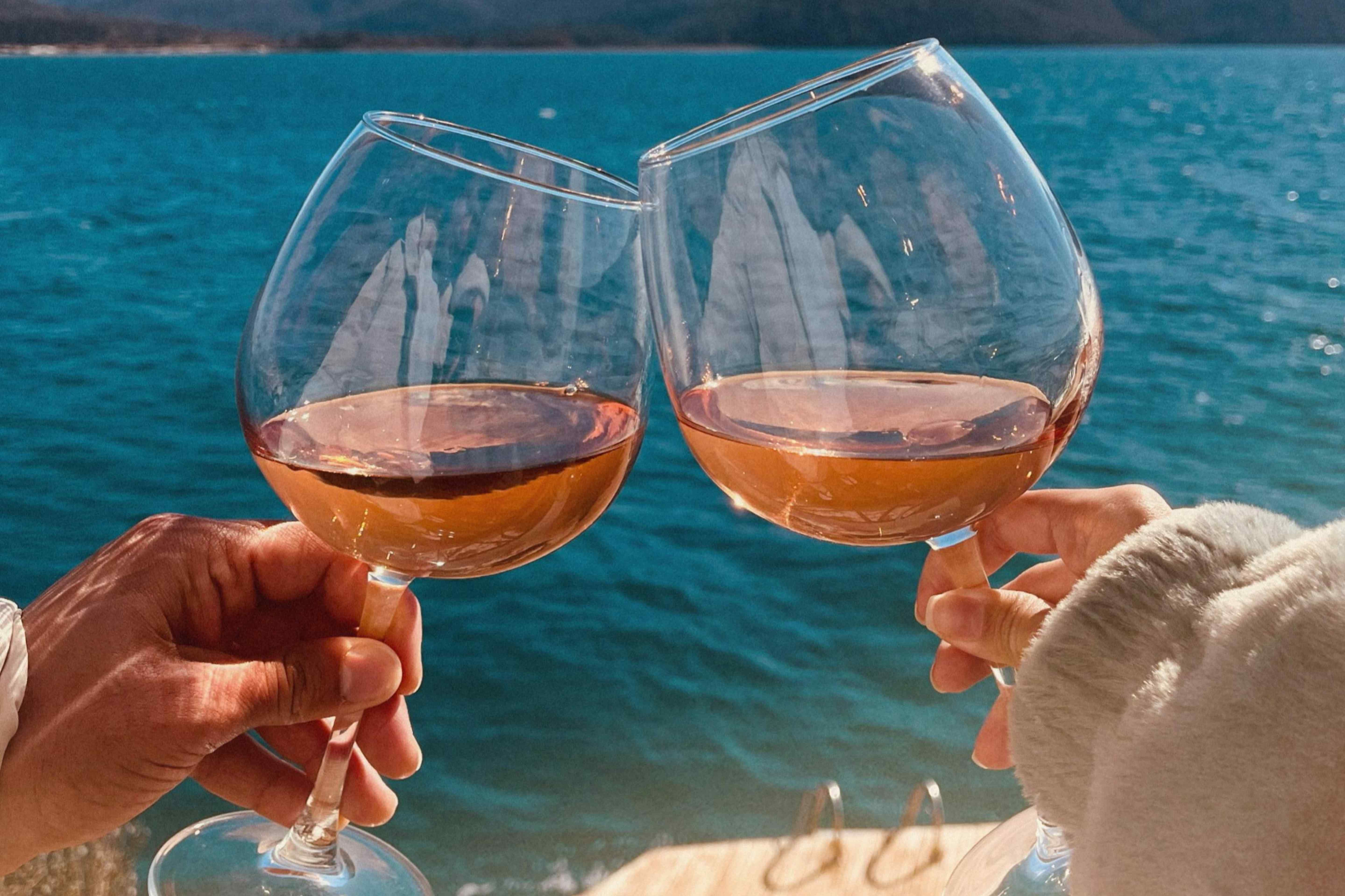 Two people toasting with glasses of rosé wine outdoors by the water on a sunny day.