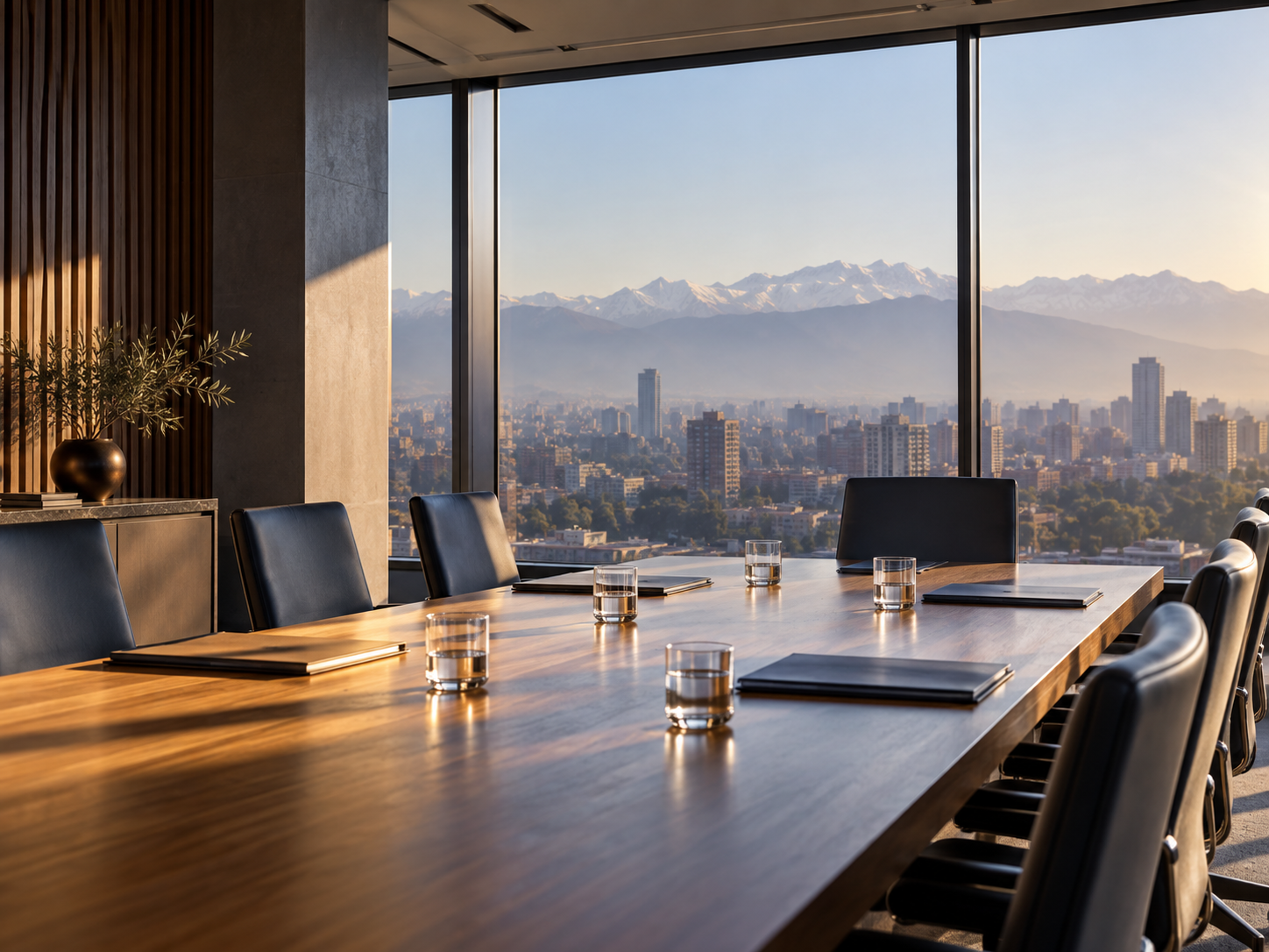 Sala de directorio con mesa de reuniones y vista panorámica de la ciudad y la cordillera.