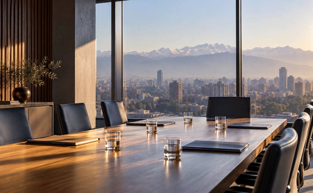 Sala de directorio con mesa de reuniones y vista panorámica de la ciudad y la cordillera.