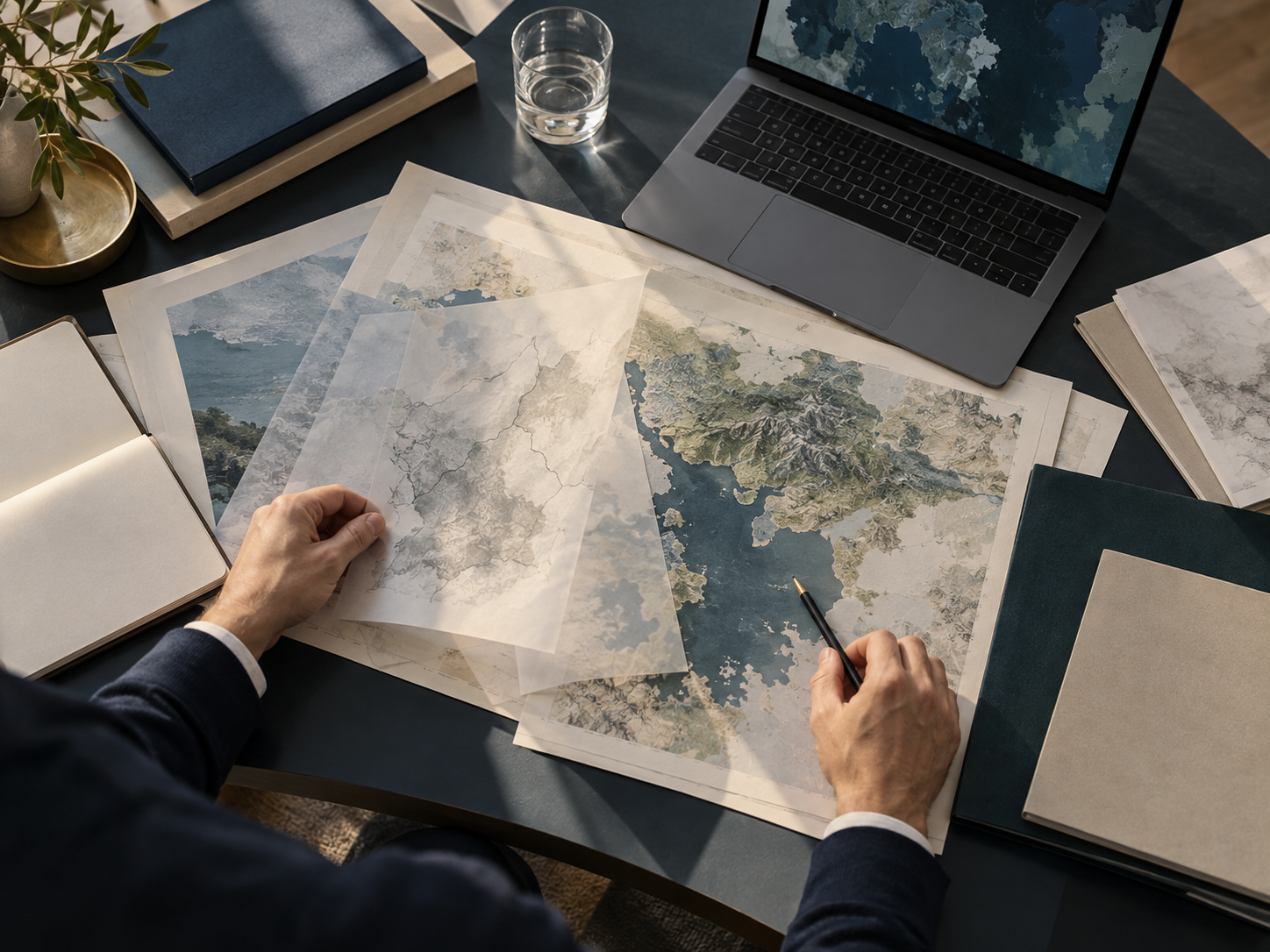 Analista revisando mapas impresos y documentos junto a un computador portátil.