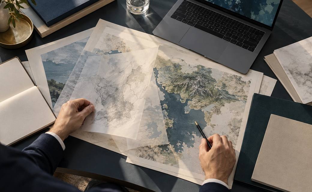 Analista revisando mapas impresos y documentos junto a un computador portátil.
