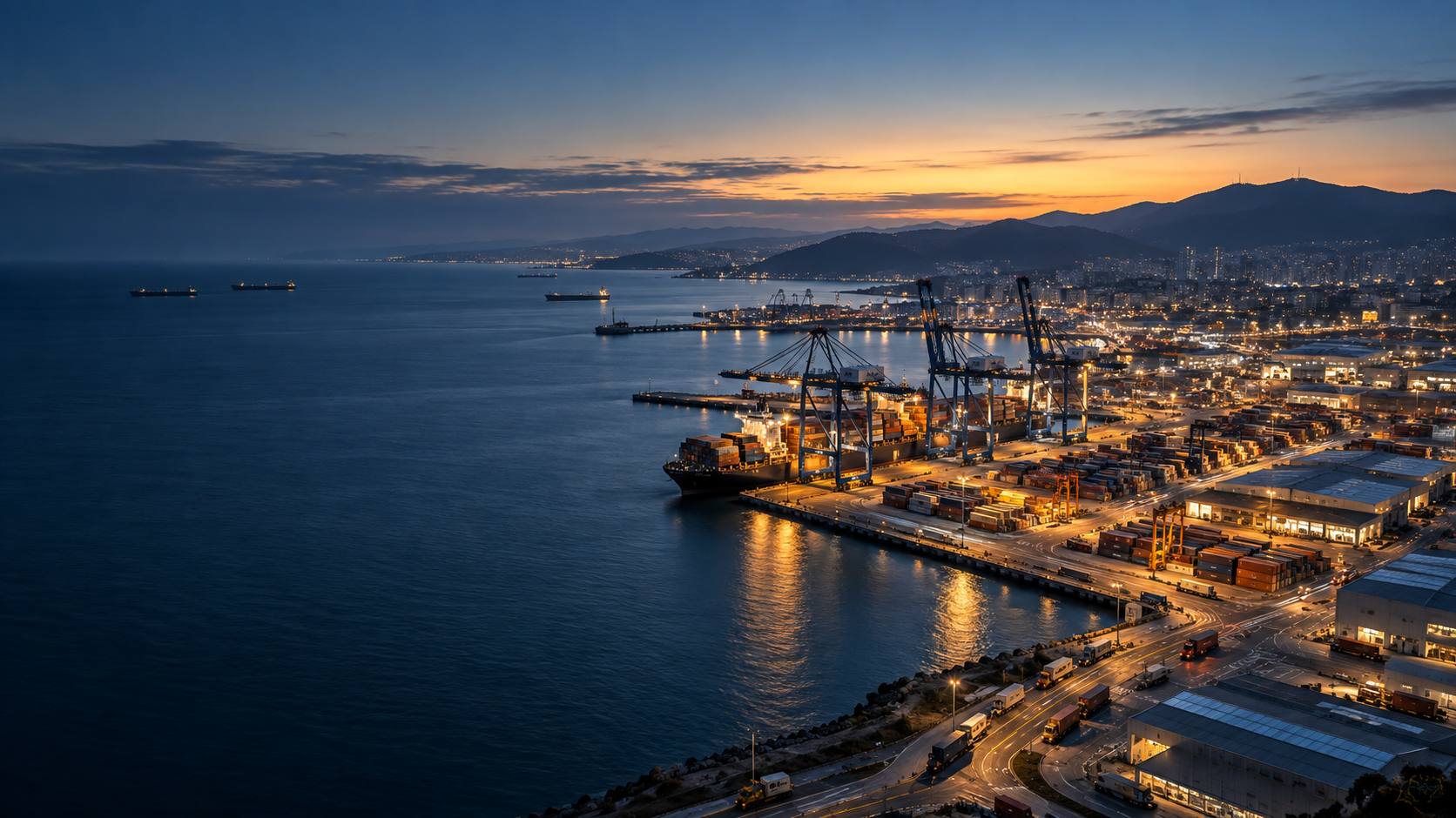 Puerto industrial con grúas y contenedores iluminados al atardecer, junto a la bahía.