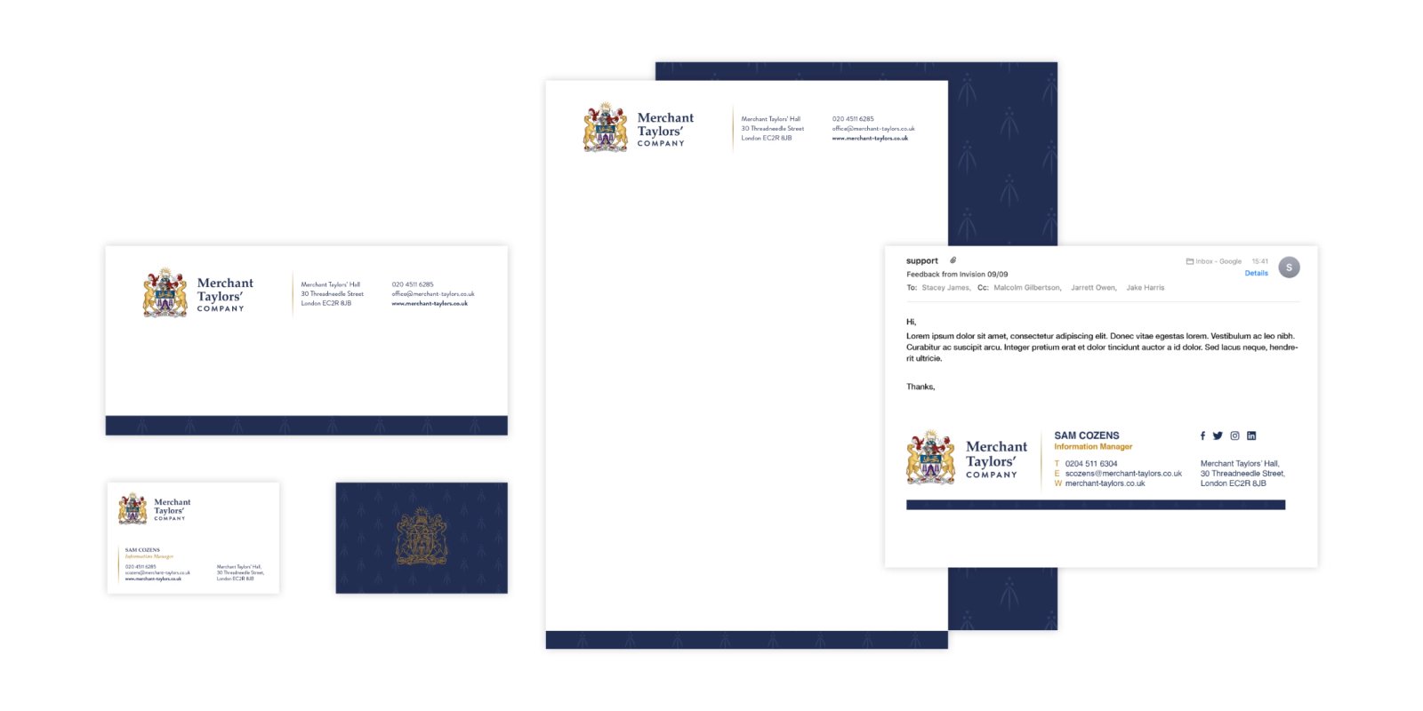 A stationery set for the Merchant Taylors that consists of headed paper, business cards and email signatures.