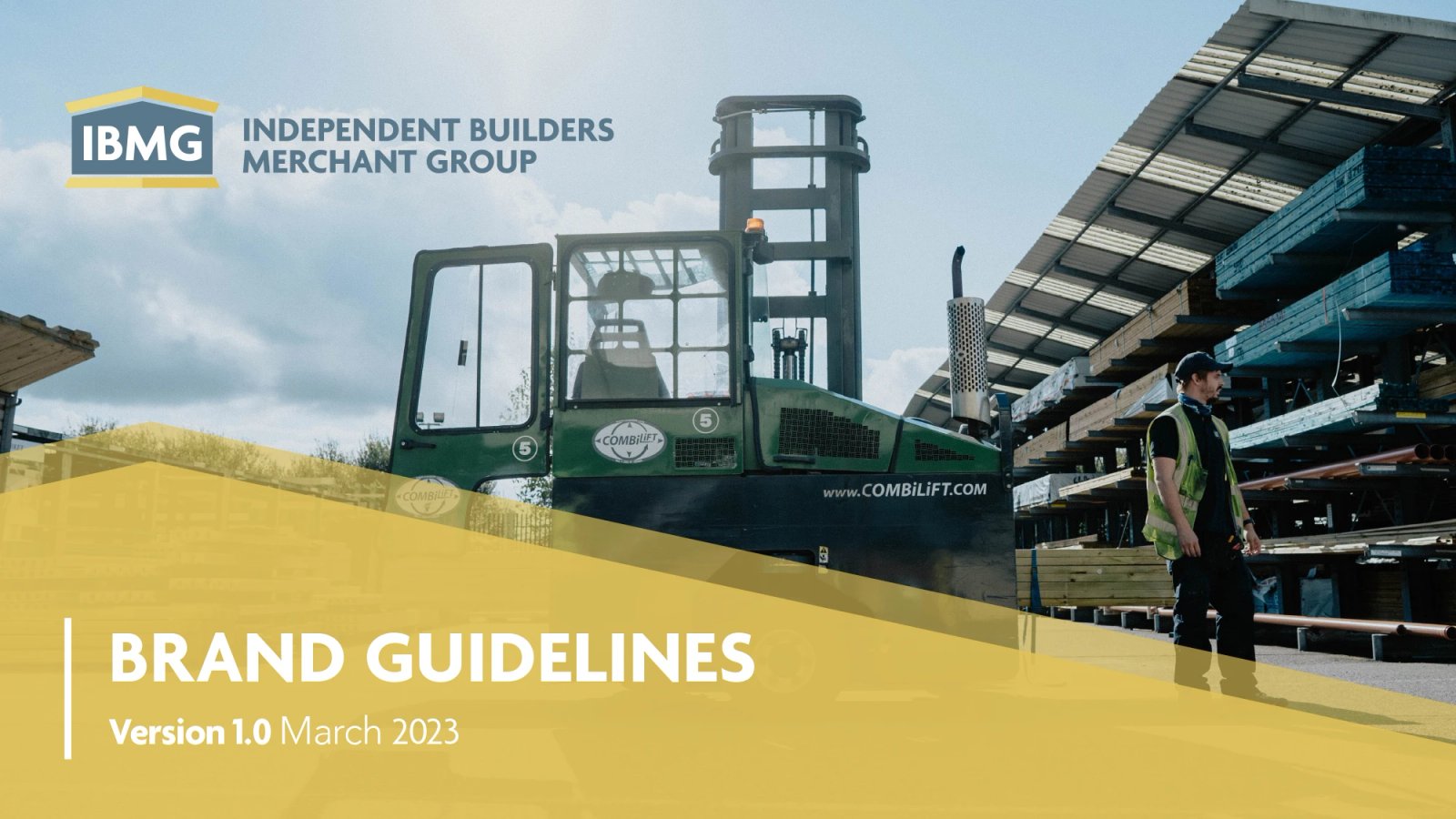 Cover page of the IBMG brand guidelines document, featuring a Combilift forklift truck and yard worker