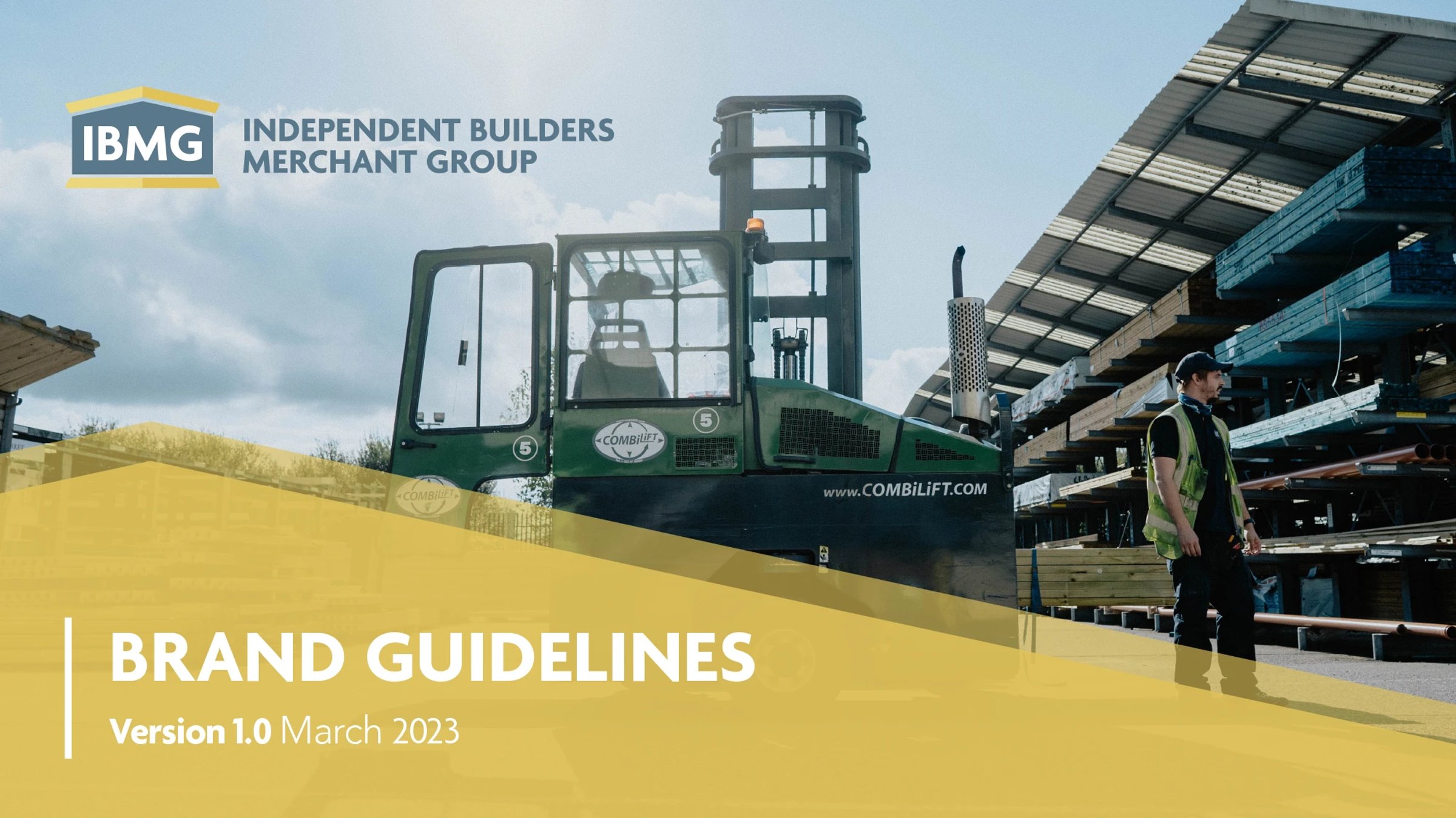 Cover page of the IBMG brand guidelines document, featuring a Combilift forklift truck and yard worker