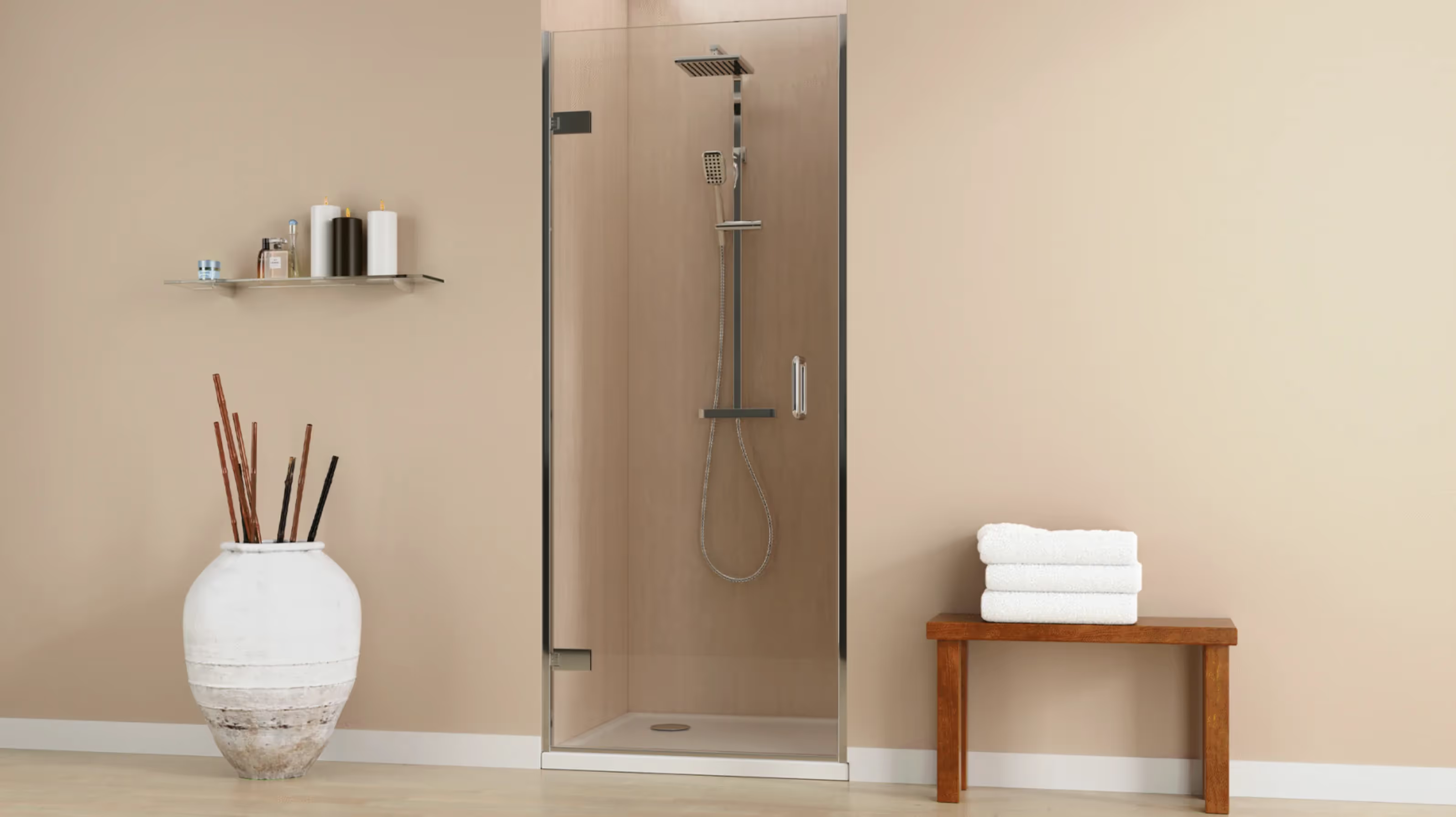 A modern shower with neutral toned walls