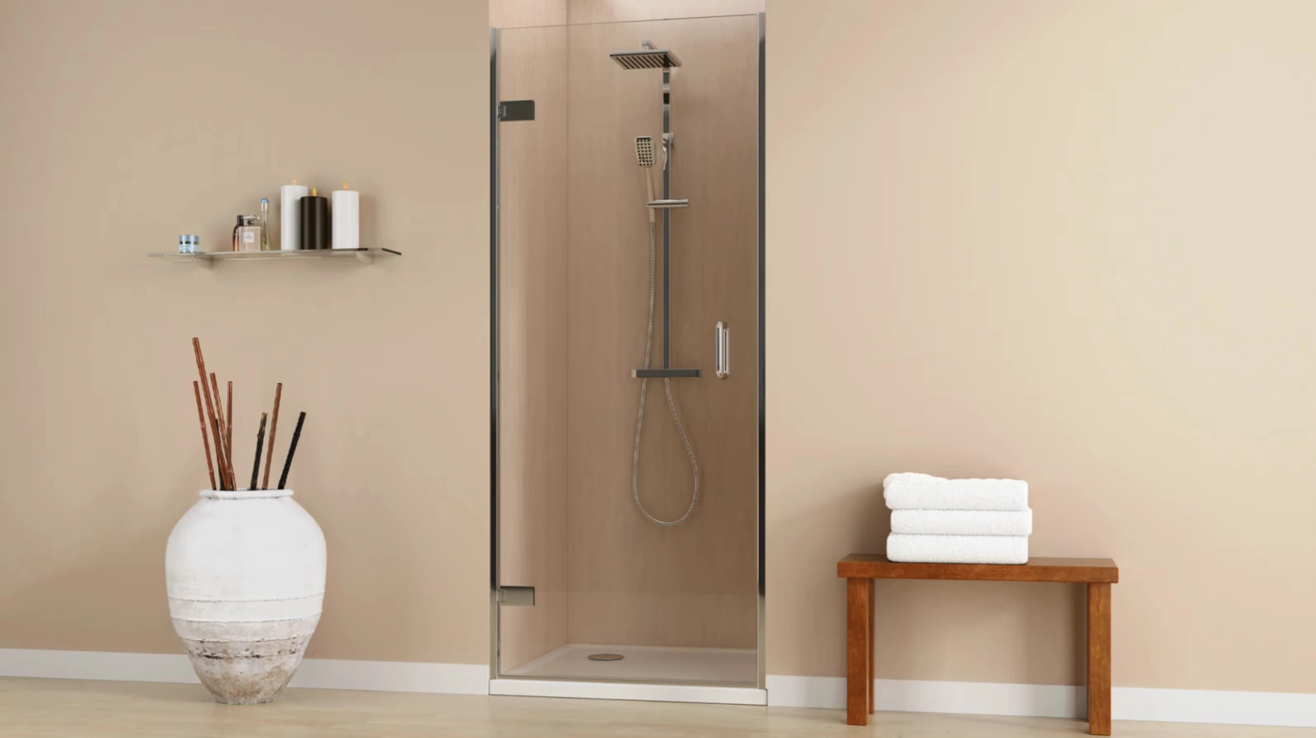 A modern shower with neutral toned walls