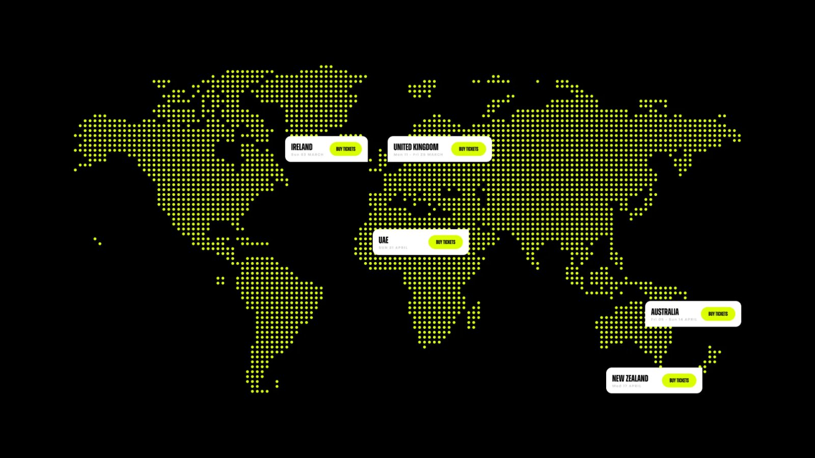 A stylised world map in Steven Bartlett brand colours featuring tour locations