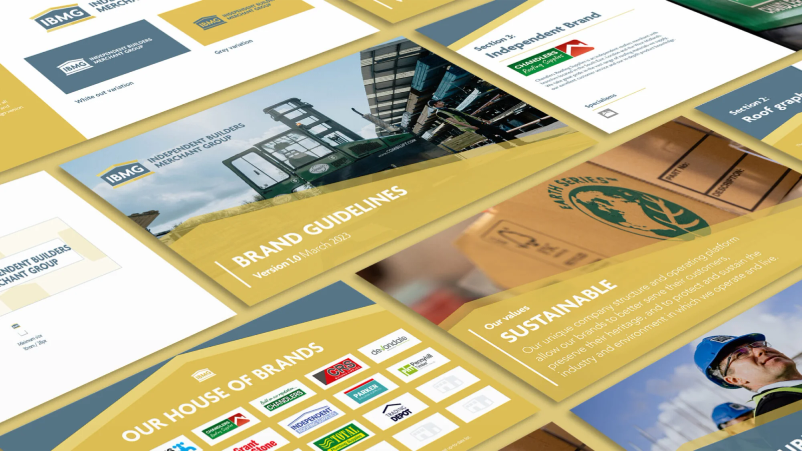 Collage of pages from the IBMG brand guidelines, including logo variations, brand values, and house of brands overview