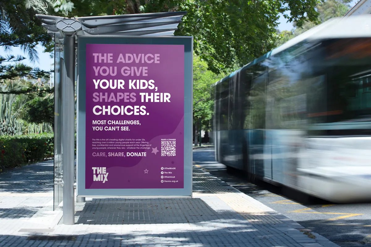 The Mix bus stop ad in purple that reads "THE ADVICE YOU GIVE YOUR KIDS, SHAPES THEIR CHOICES. Most challenges you can't see."
