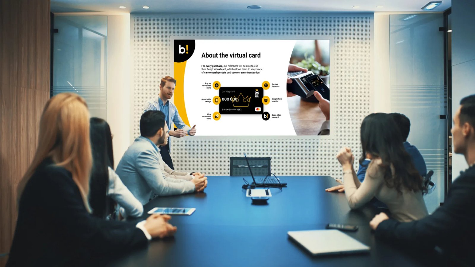 Mockup of a man in a conference room giving a presentation made by Beep!