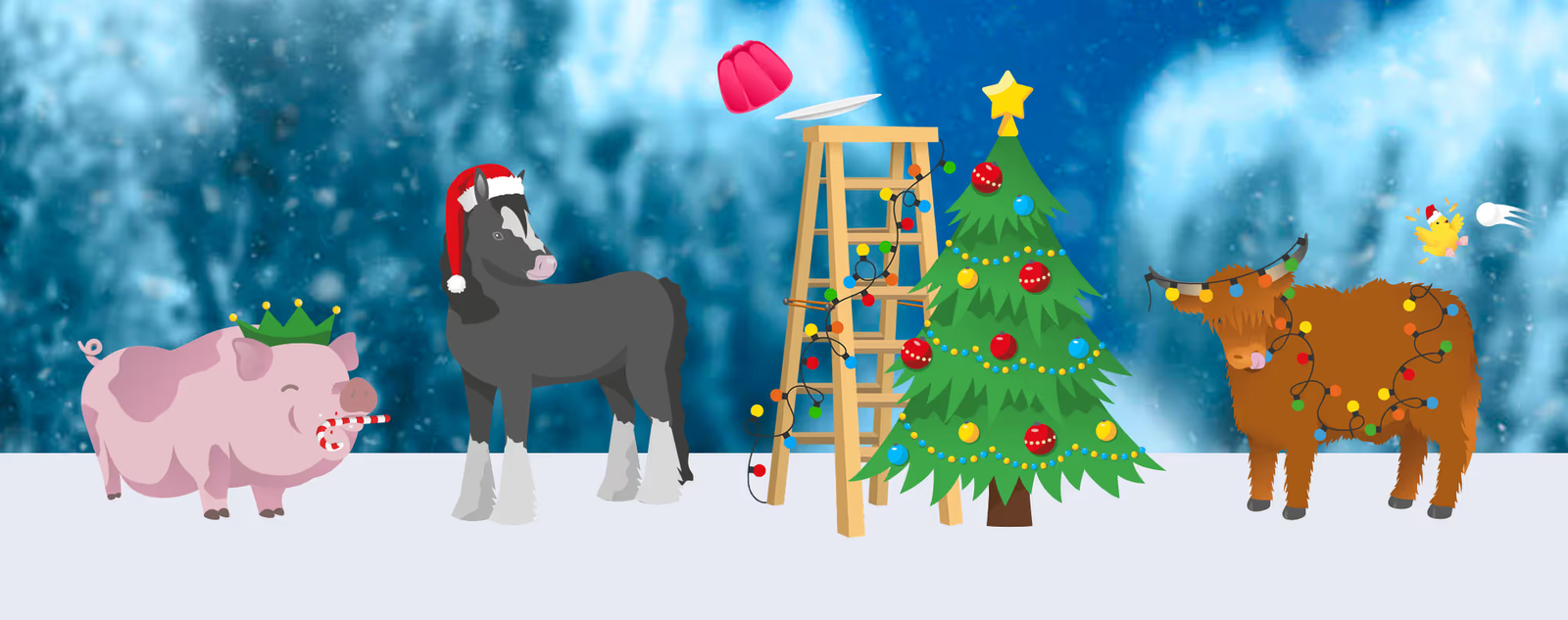 Illustrations of farm animals dressed up in Christmas attire