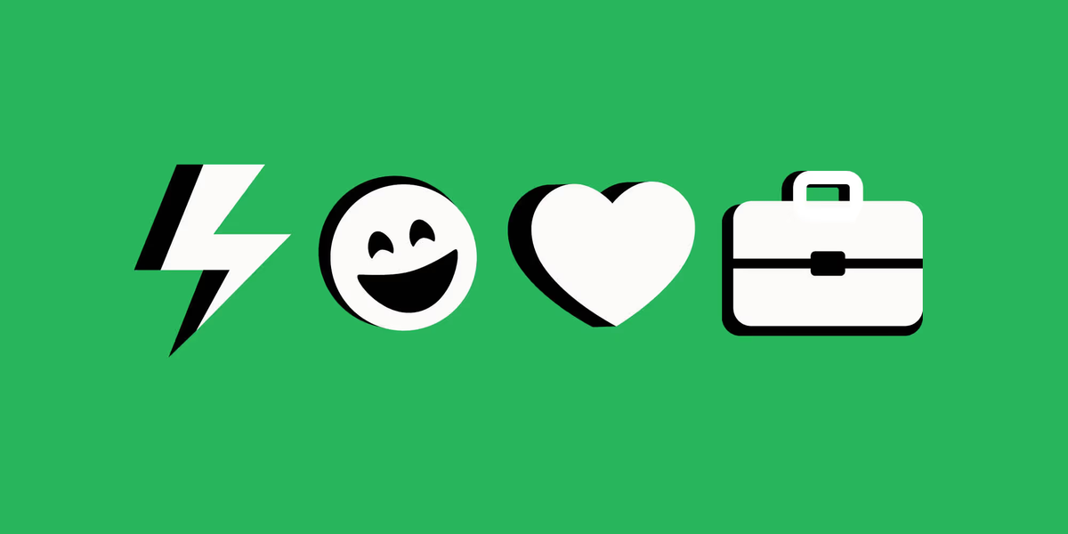Four Icons in Silverback Branding on a green background, a lightning bolt, a smiley face, a heart, and a briefcase