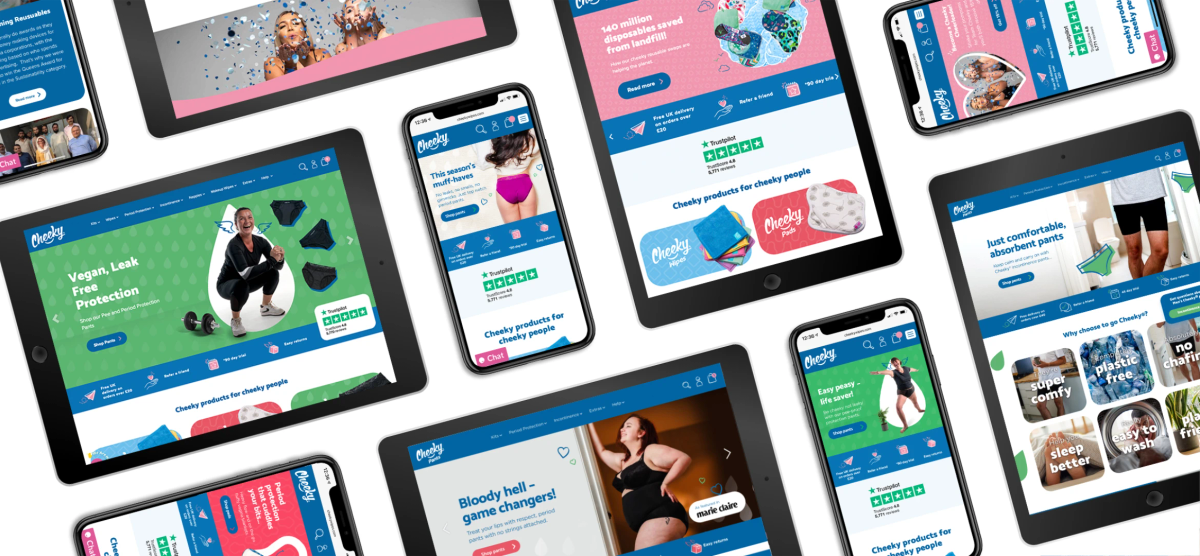 A collage of tablets and phones showing different pages of the Cheeky website, including product, review and homepage sections