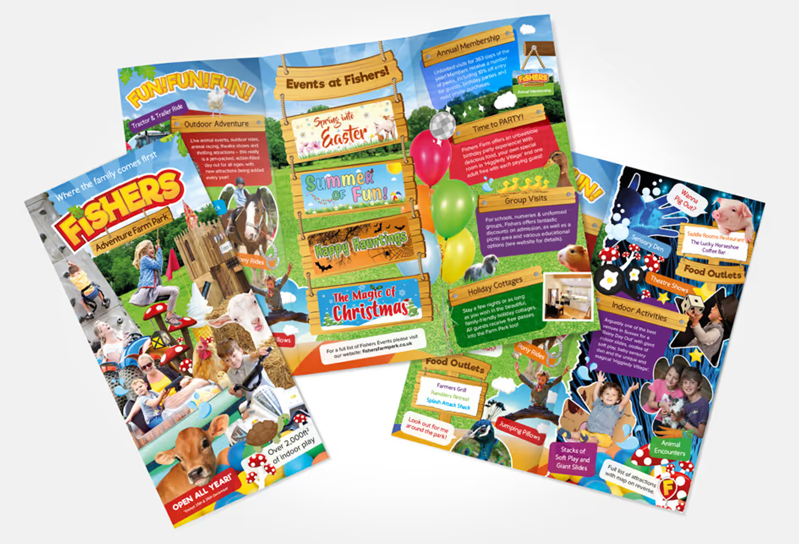Various Fishers Farm printed collateral on a white background