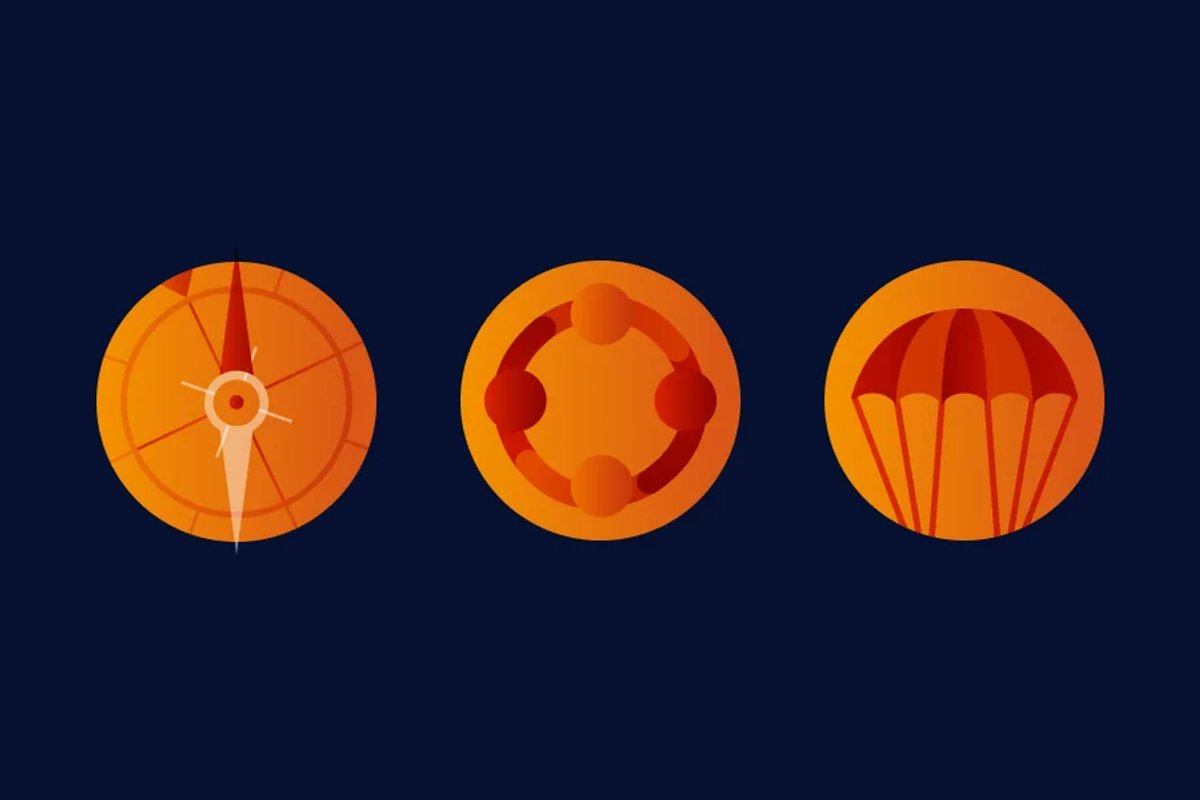 Three icon illustrations for Mandy Hickson showing a compass, gear and parachute in orange tones