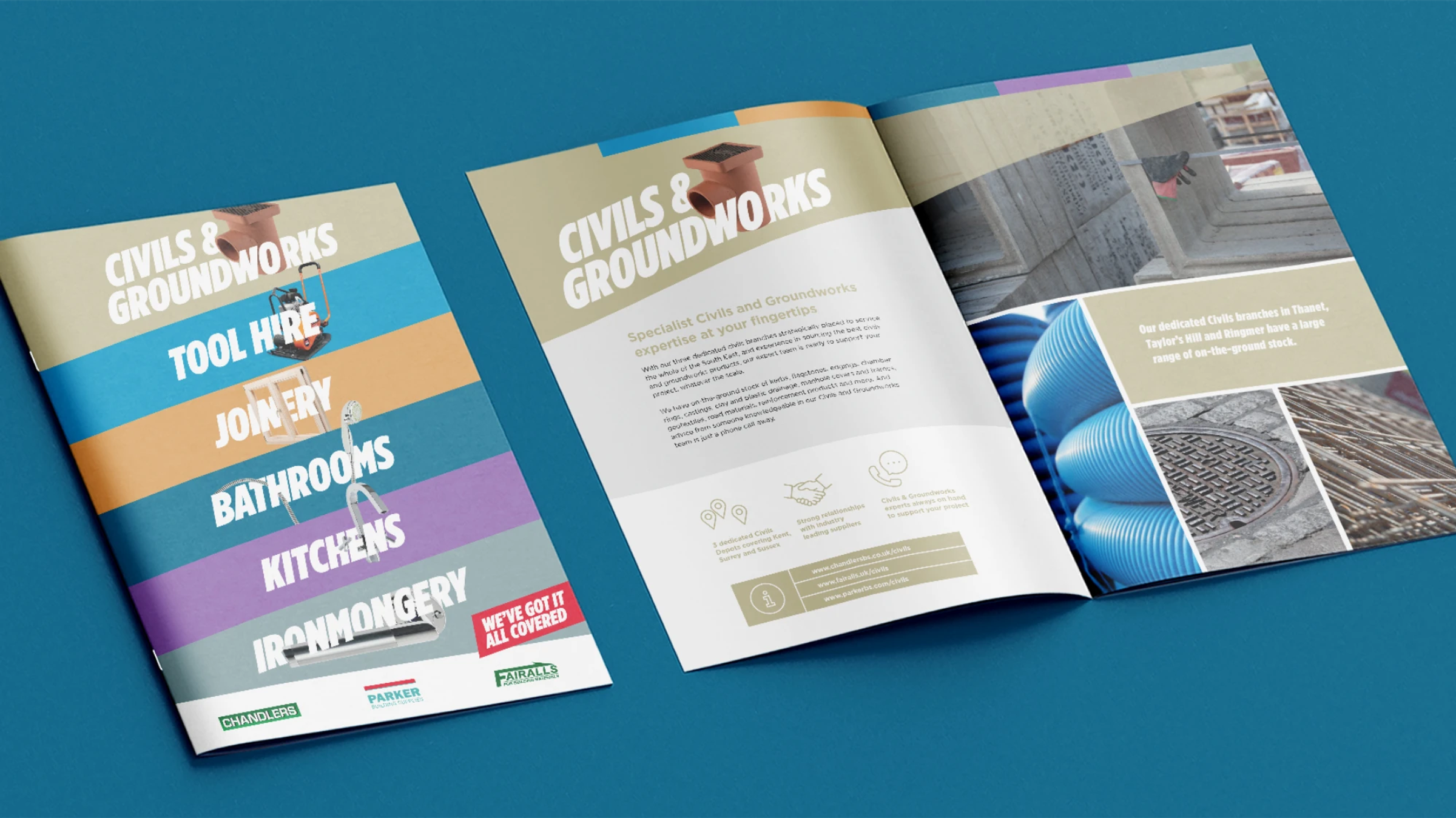 An open brochure spread for Civils & Groundworks next to its closed cover, both branded with Chandlers, Parker Building Supplies and Fairalls logos