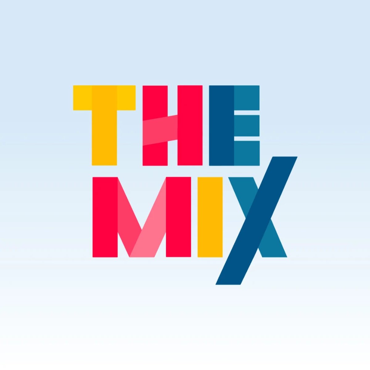 The Mix logo in yellow, red and blue on a baby blue background.