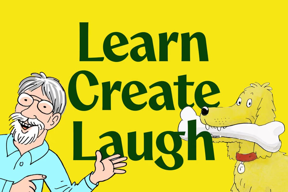 Illustrator Alex Brychta pointing beside the words Learn, Create, Laugh, with a cartoon dog holding a bone