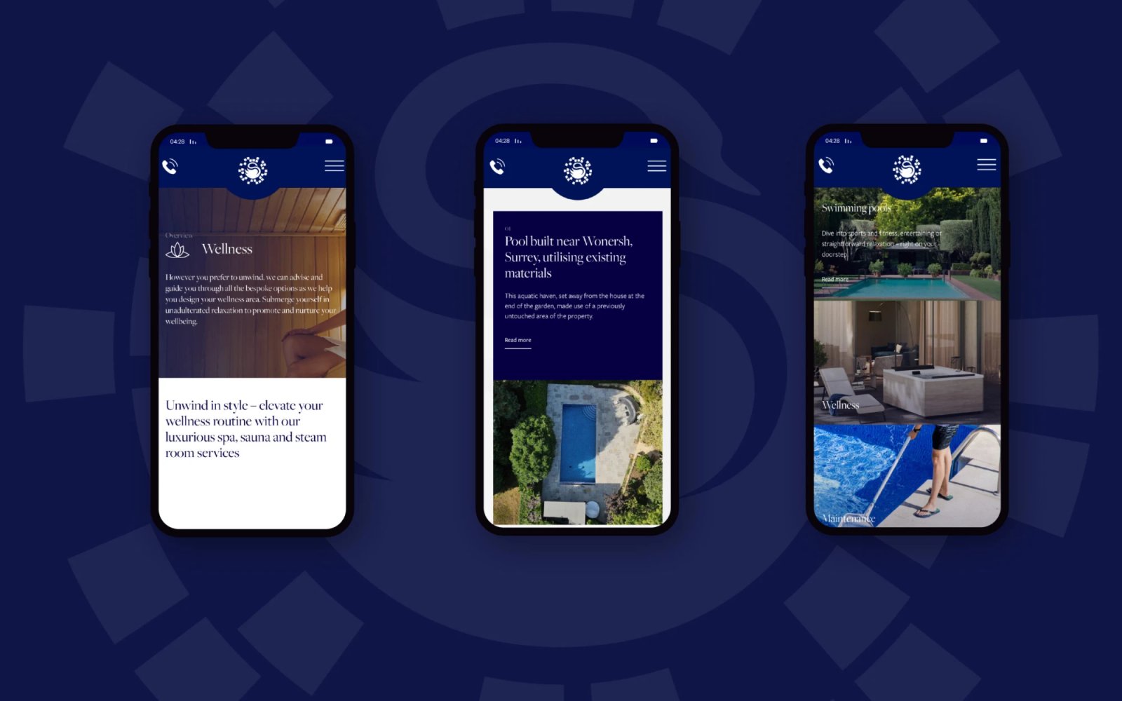 Three mobile screens showing the Surrey Swimming Pools website wellness, project case study, and services pages