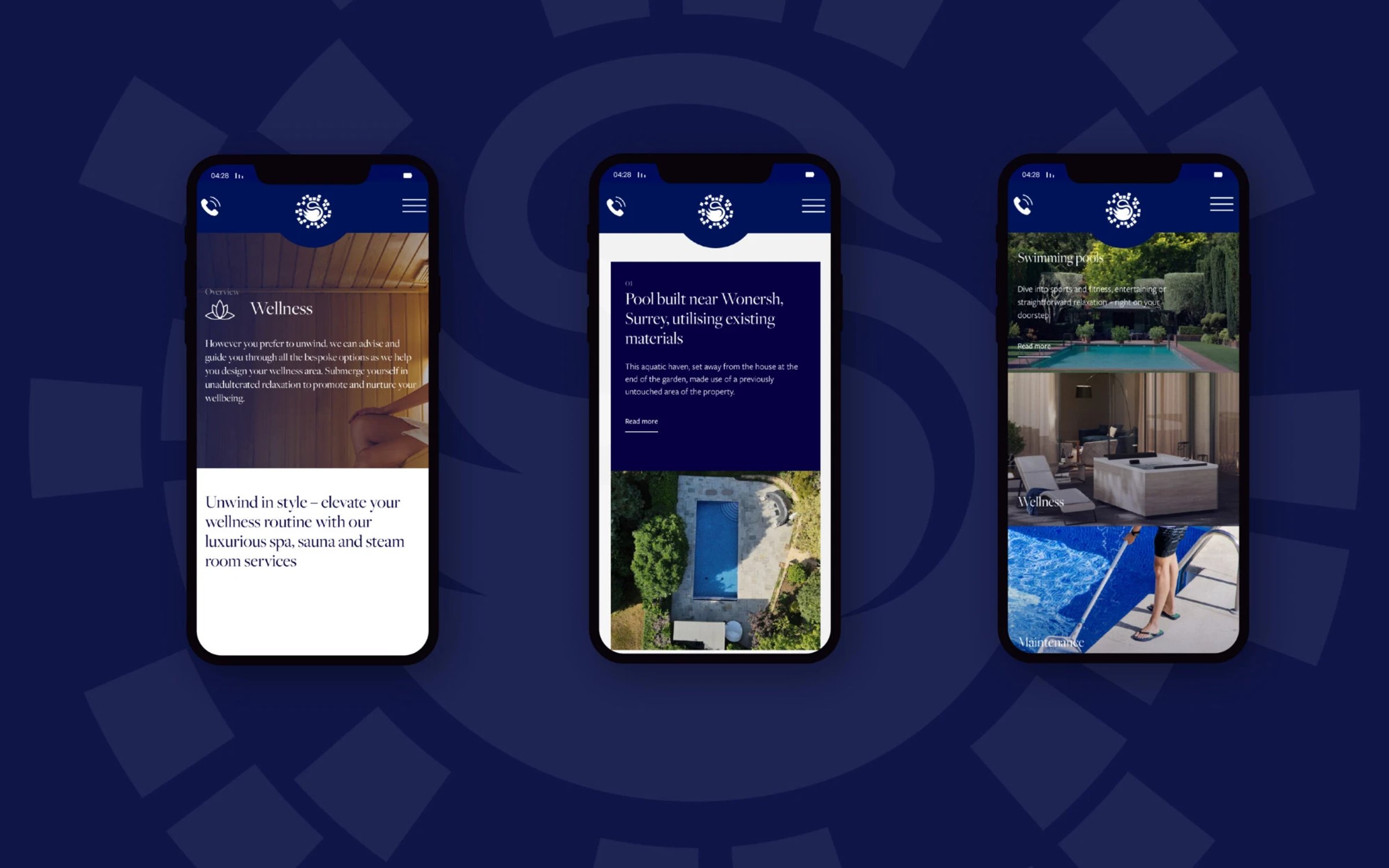Three mobile screens showing the Surrey Swimming Pools website wellness, project case study, and services pages