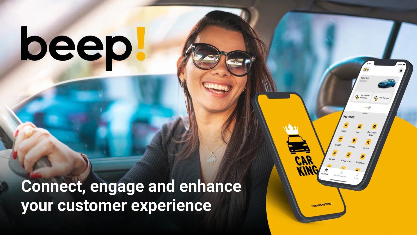 Beep! Presentation Slide that depicts a woman in sunglasses driving happily with the app interface mockup overlaying the image and the words "Connect, engage and enhance your customer experience".