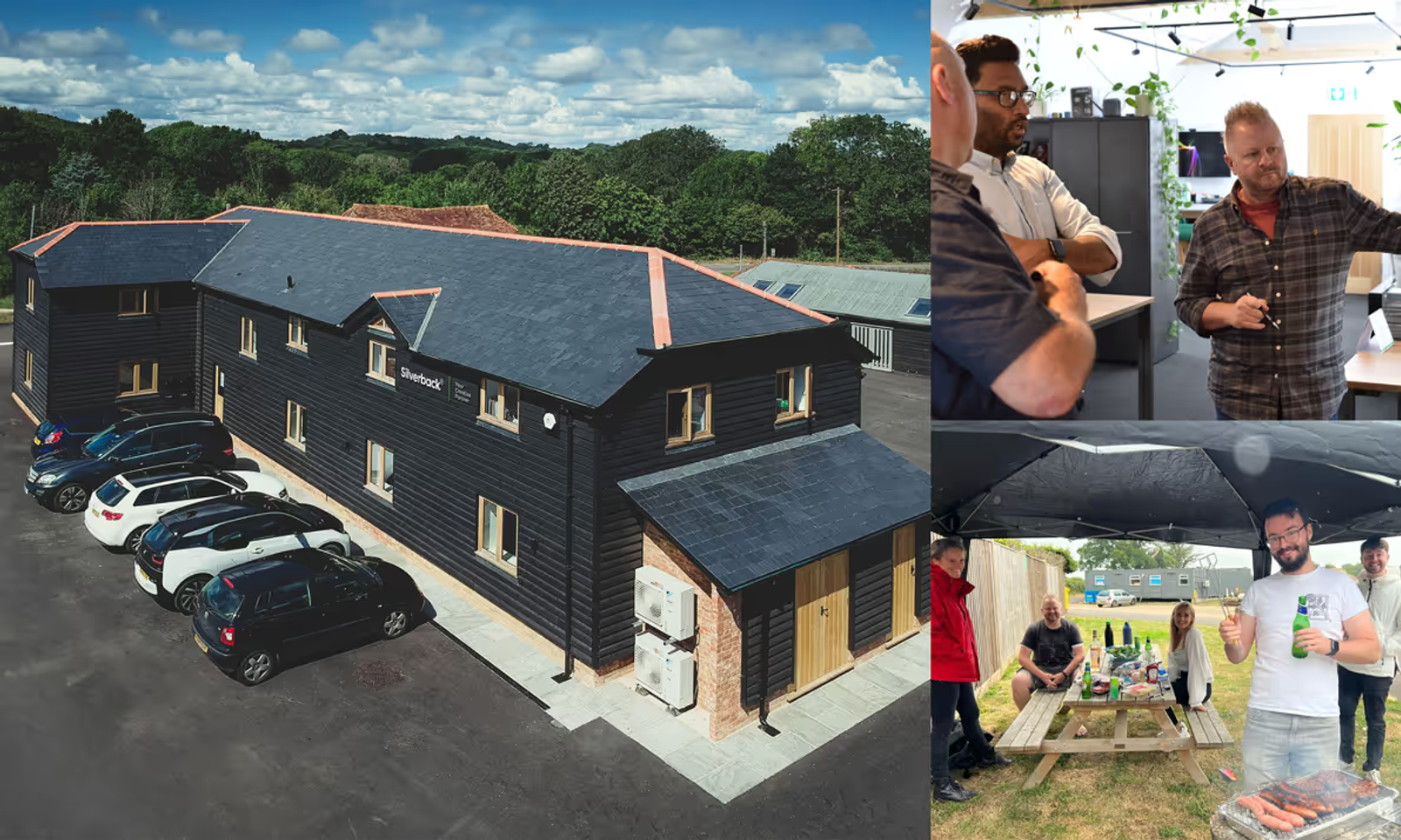 A grid of three images, Central Barn, the HQ of Silverback, and then two smaller images of office activities