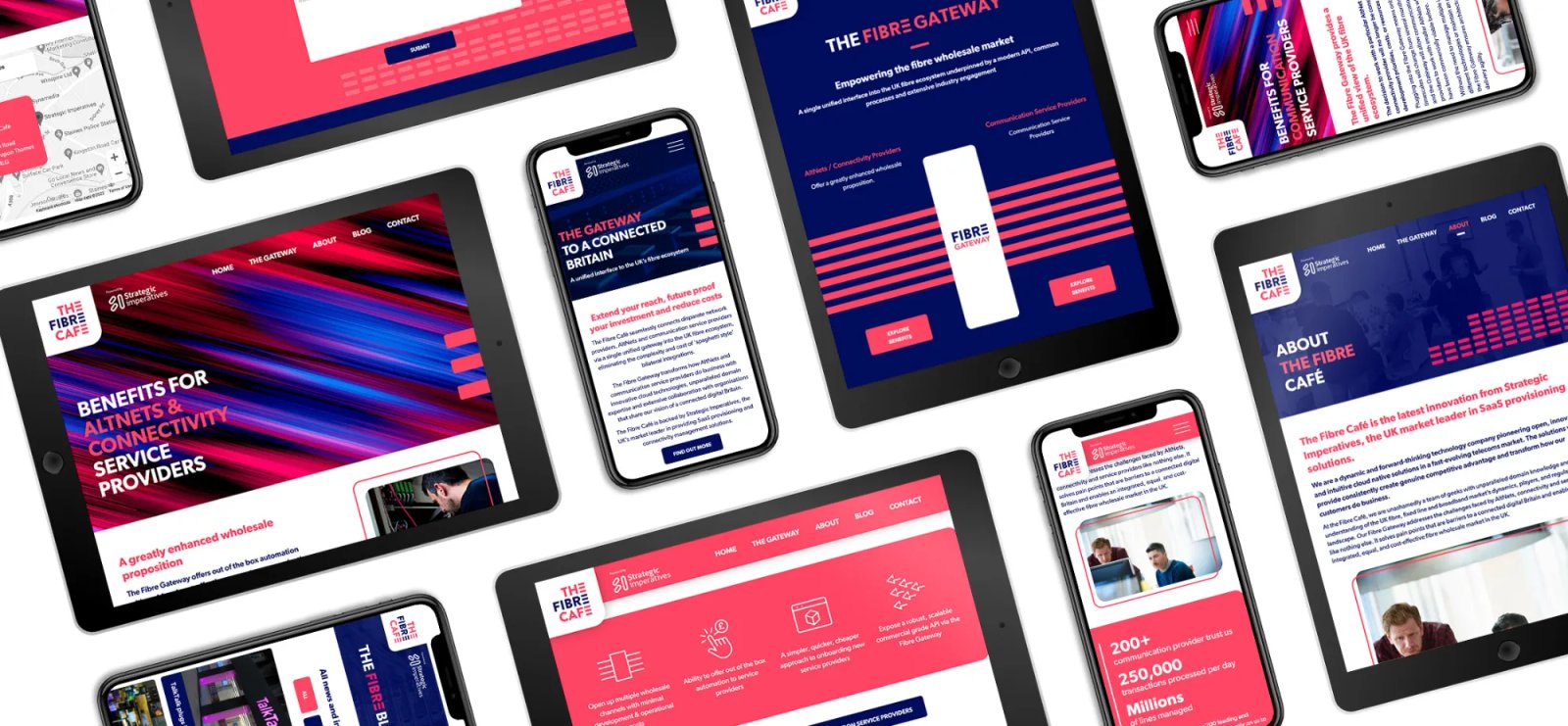 The Fibre Café website displayed across multiple tablet and mobile screens, showing the homepage, gateway, and about pages