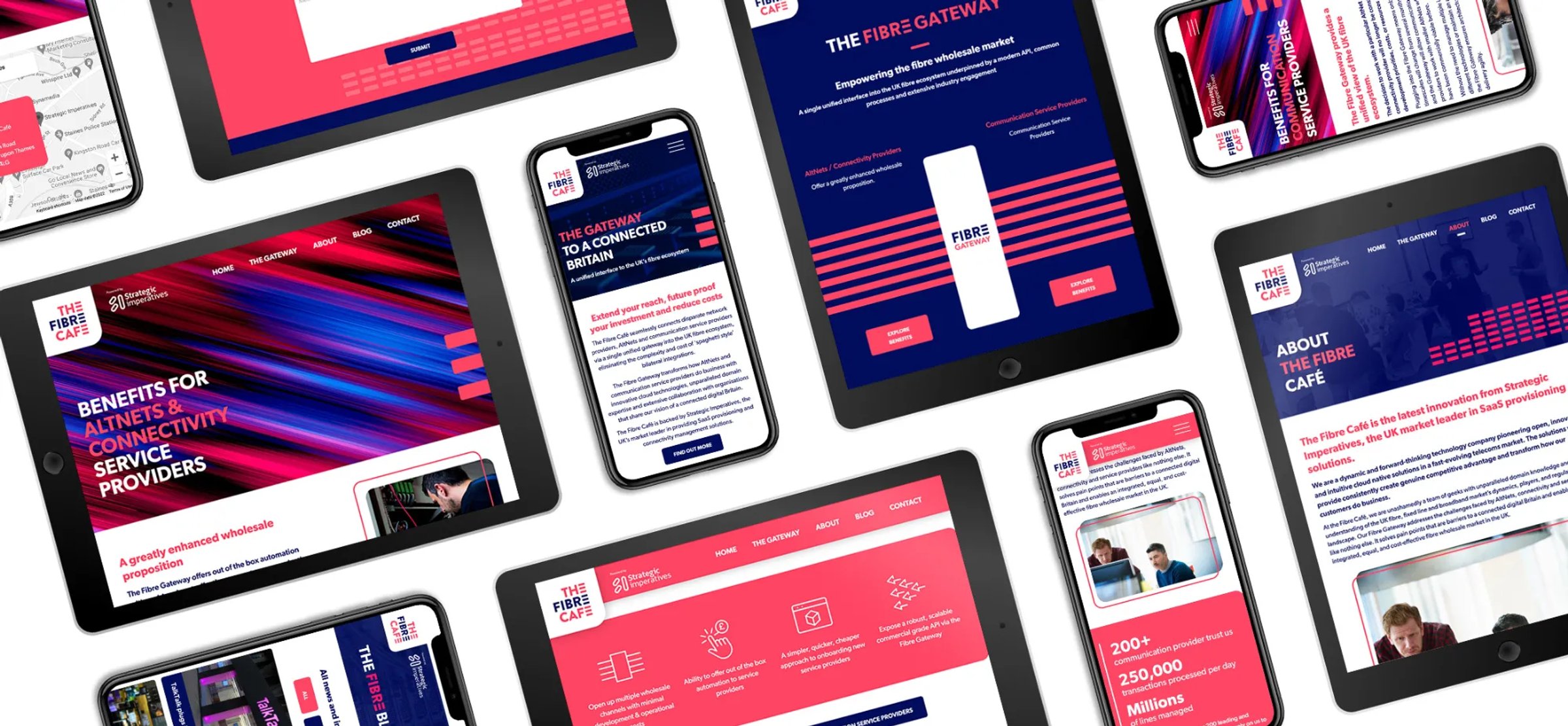 The Fibre Café website displayed across multiple tablet and mobile screens, showing the homepage, gateway, and about pages