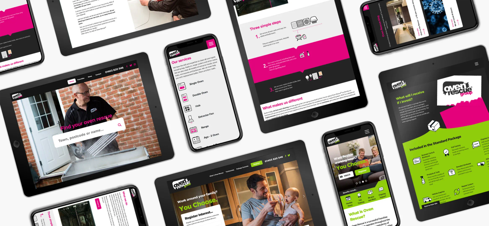 The Oven Rescue website displayed across multiple tablet and mobile screens, showing services, cleaning process, and franchise information pages
