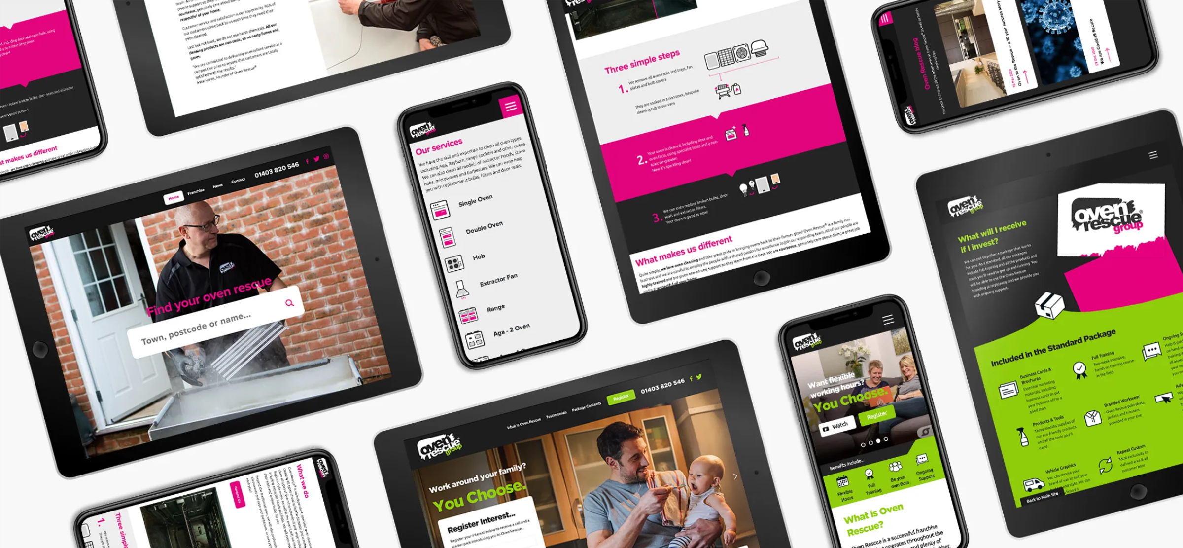 The Oven Rescue website displayed across multiple tablet and mobile screens, showing services, cleaning process, and franchise information pages