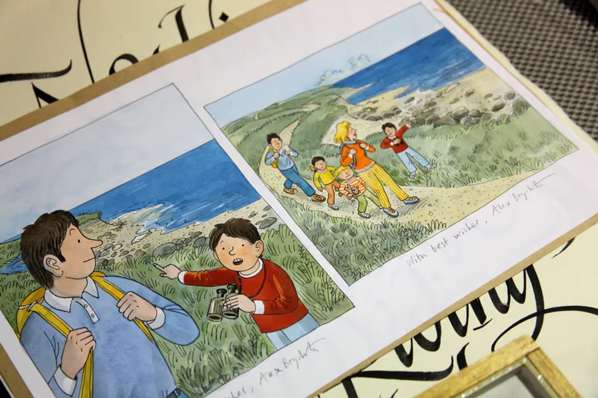 Original watercolour illustration by Alex Brychta of a family walking along a coastal path