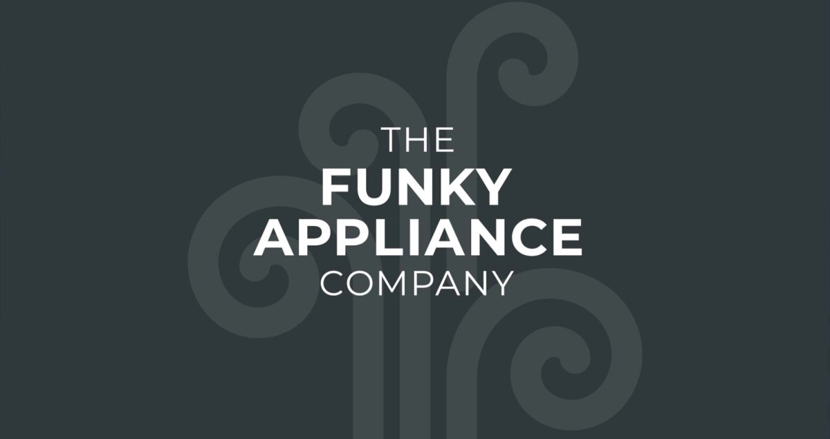 The Funky Appliance Company wordmark logo on a dark grey background with a swirl pattern
