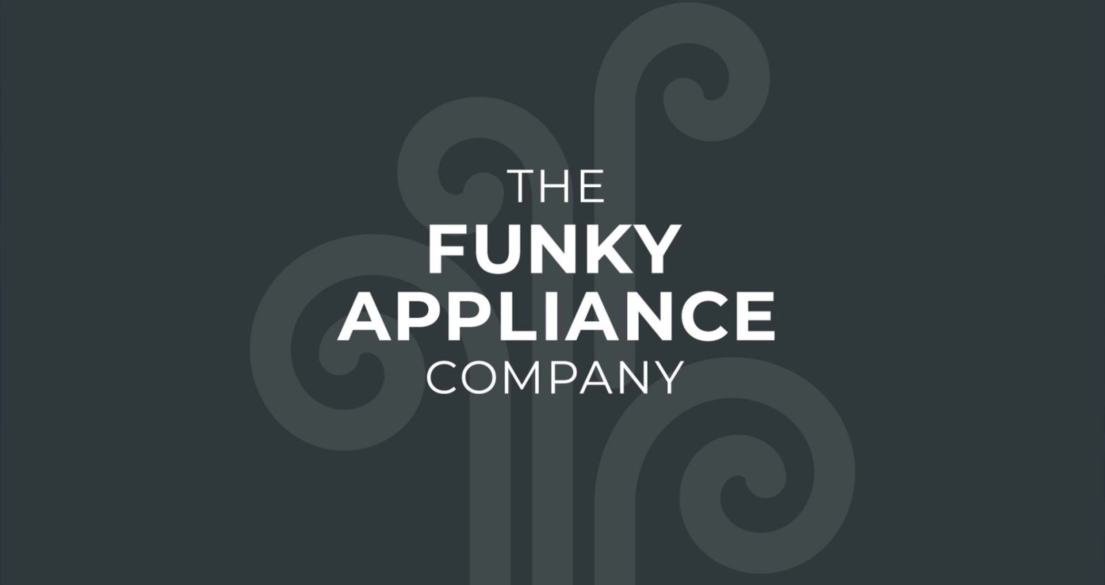 The Funky Appliance Company wordmark logo on a dark grey background with a swirl pattern