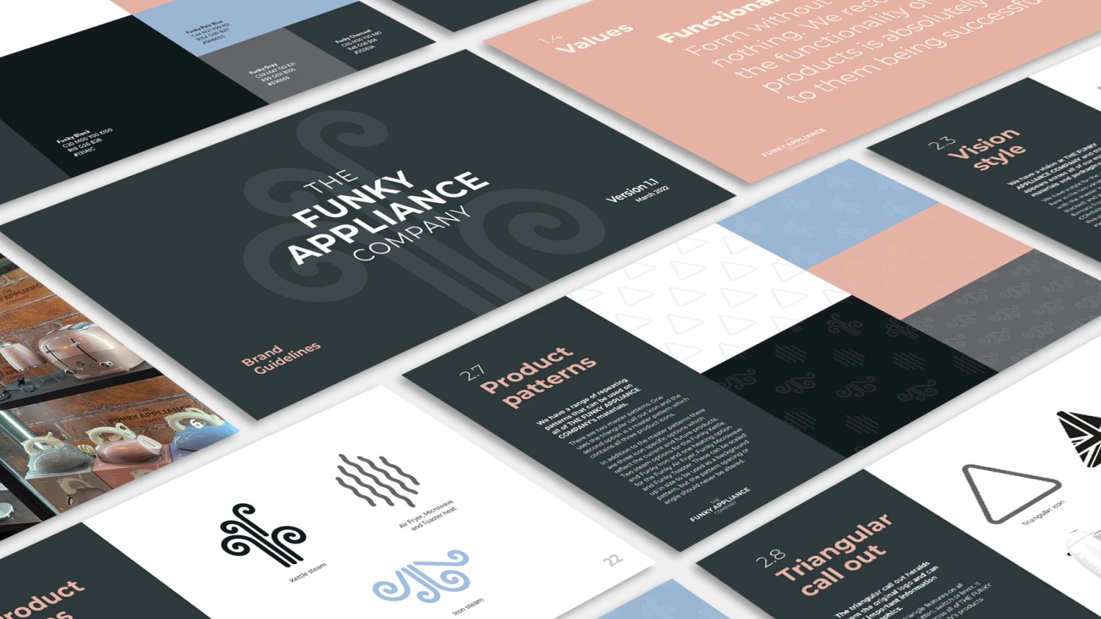 Collage of pages from The Funky Appliance Company brand guidelines, showing the colour palette, brand values, and product pattern icons