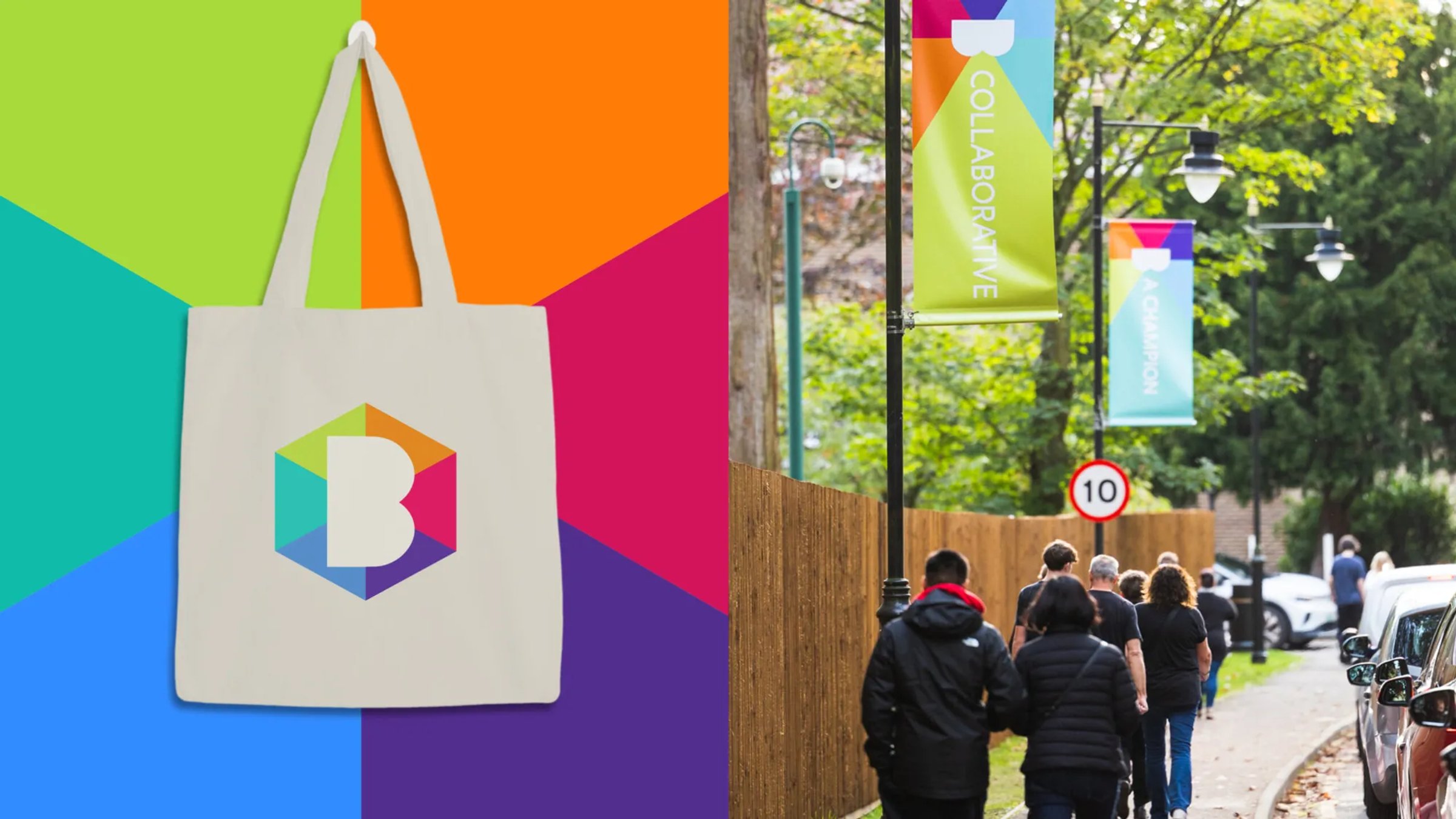 A Brooklands tote bag and flags on a pavement