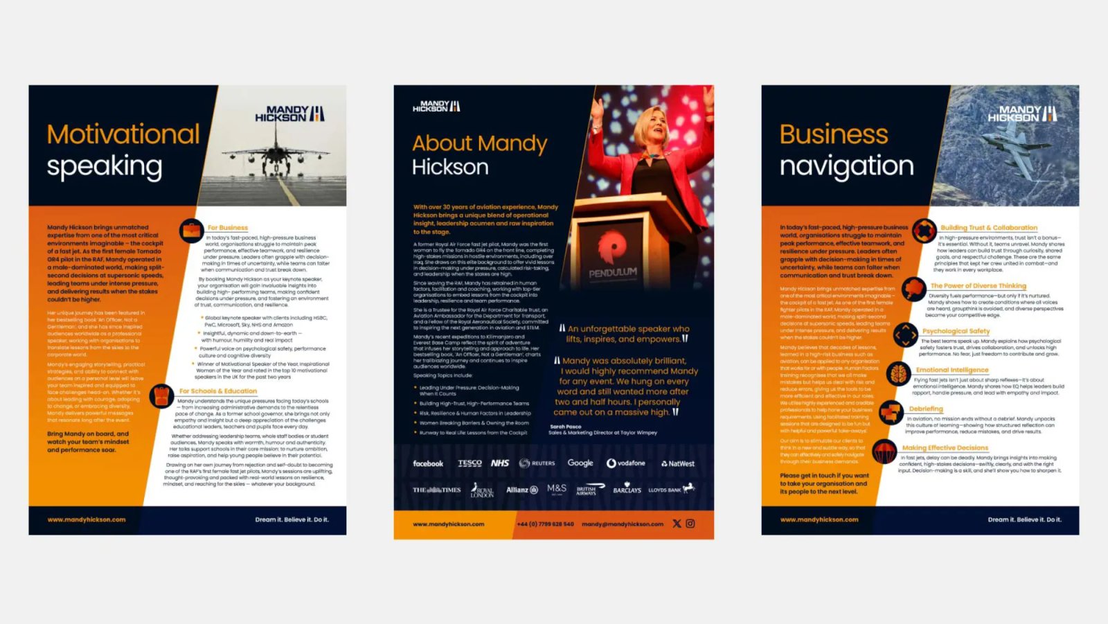 Three pages in Mandy Hickson branding