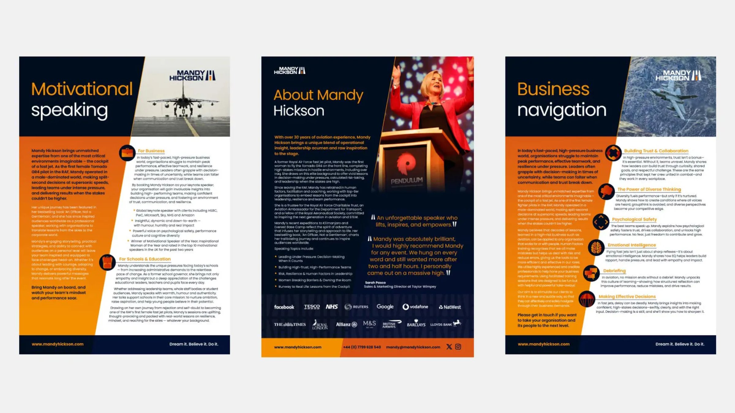 Three pages in Mandy Hickson branding