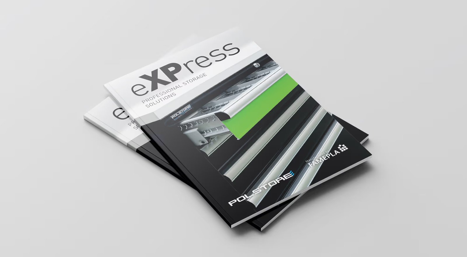 Two stacked copies of the Polstore eXPress professional storage solutions brochure, manufactured by Famepla
